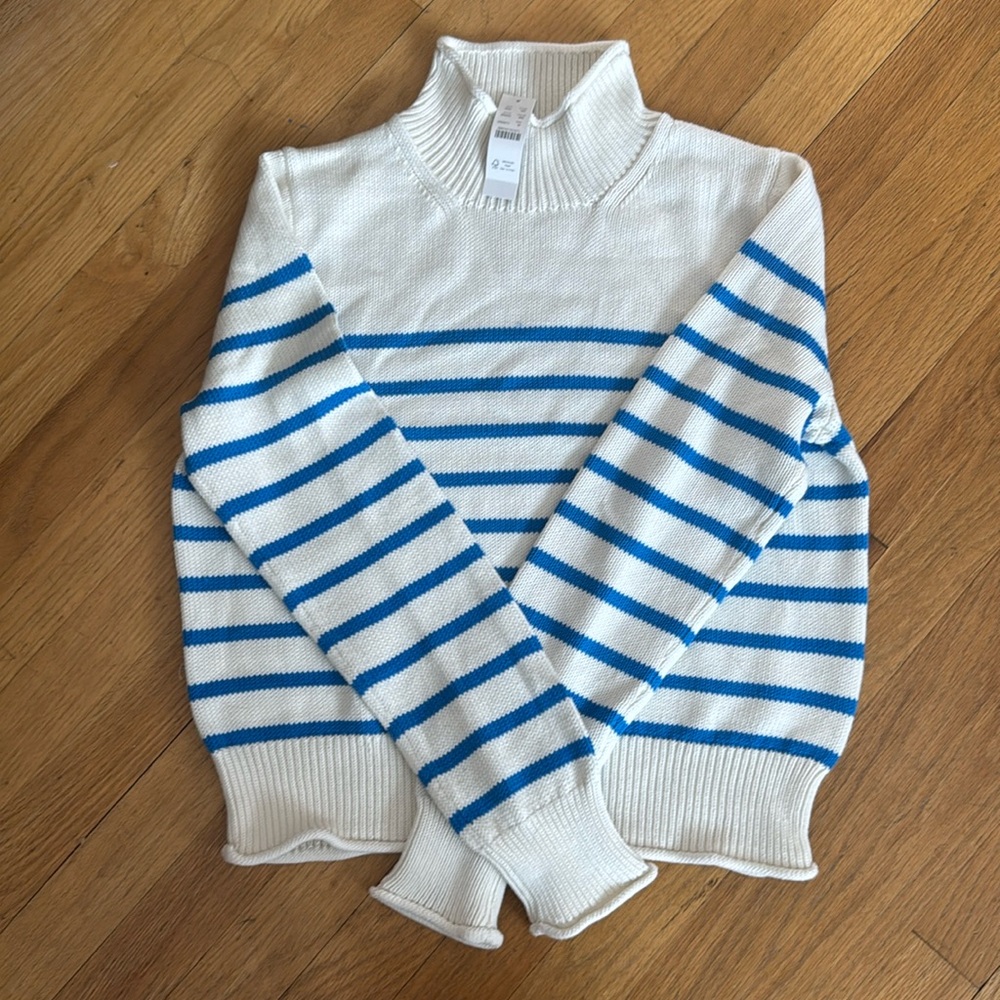 Blue and white striped roll neck J. crew women’s sweater NWT